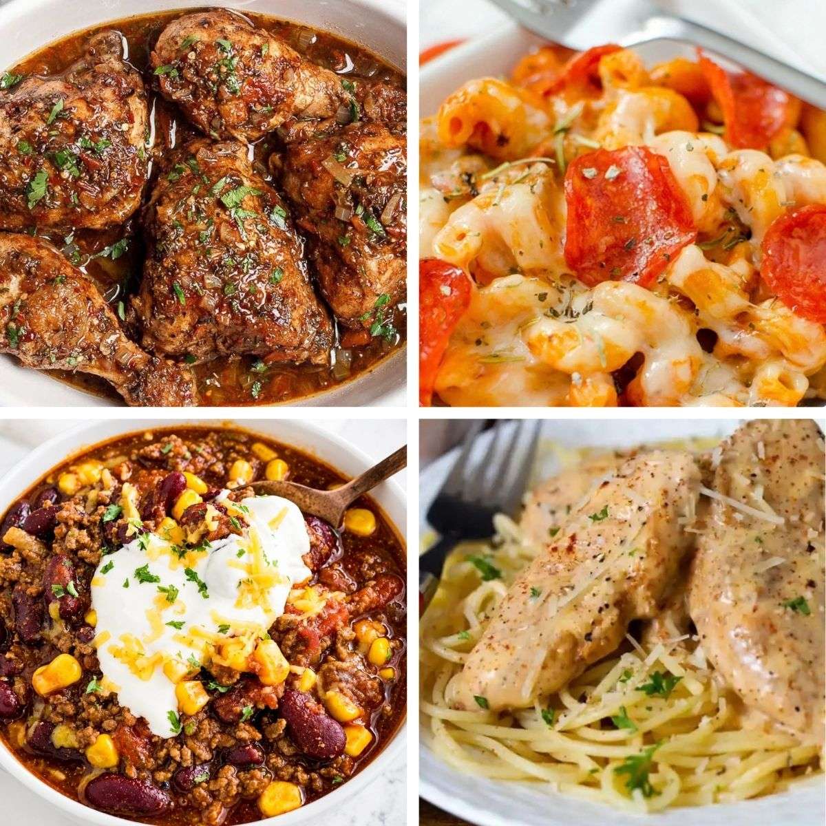 A collage of four easy Instant Pot dinner recipes: honey balsamic chicken, pizza pasta, beef chili, and chicken Lazone over spaghetti