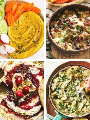 Fall dips collage showing roasted garlic pumpkin hummus, baked cheesy dip, cranberry whipped feta, and spinach artichoke dip.