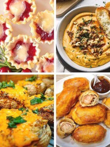 Fall dips and appetizers collage showing cranberry brie bites, pumpkin dip with walnuts and bread, cheesy stuffed mushrooms, and golden pastry-wrapped snacks
