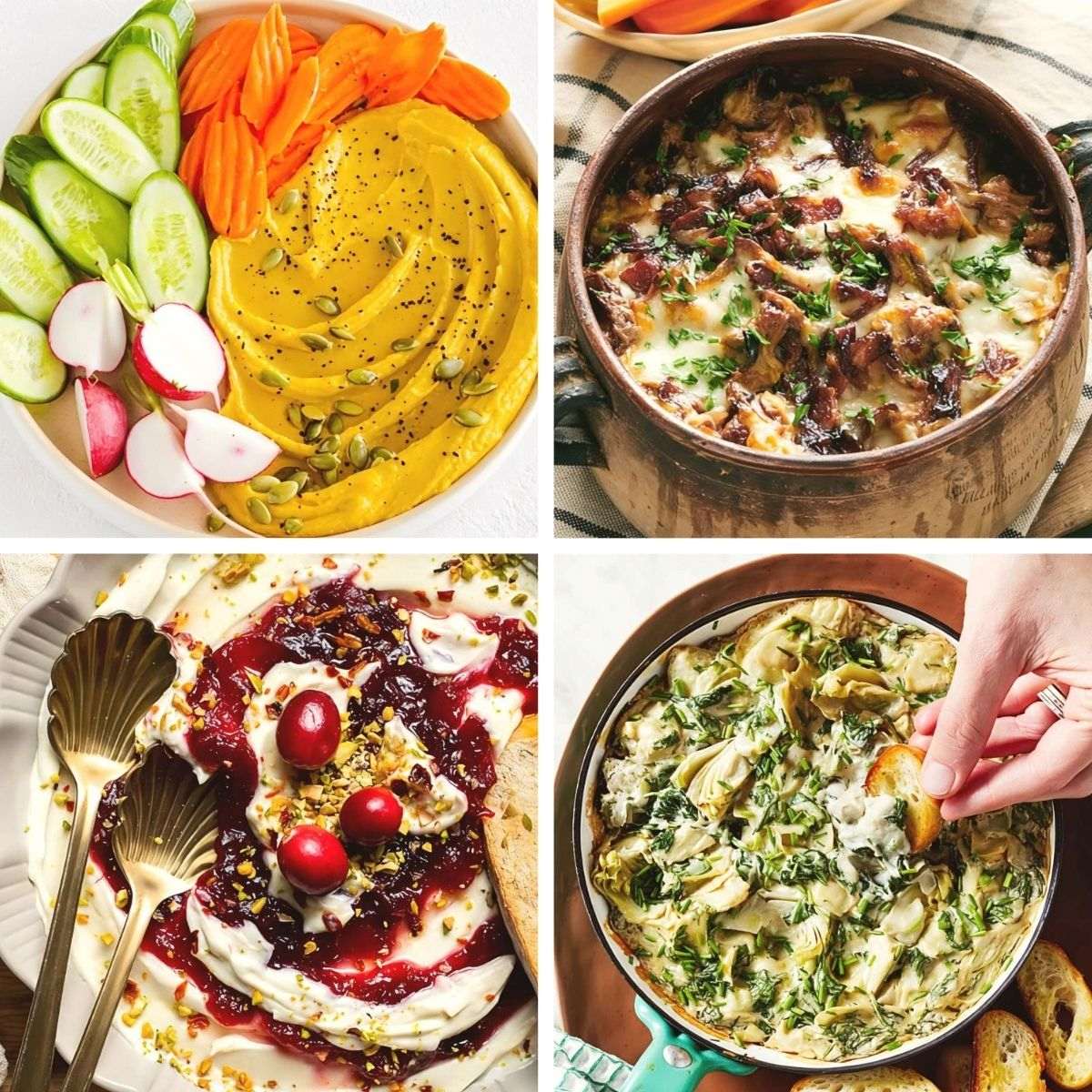 Fall dips collage showing roasted garlic pumpkin hummus, baked cheesy dip, cranberry whipped feta, and spinach artichoke dip.