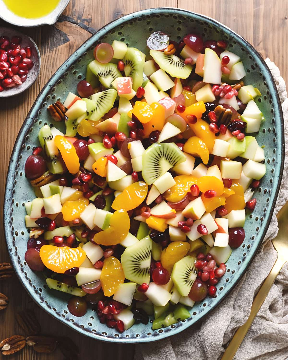 Vibrant mixed fruit salad with kiwis, oranges, apples, and pomegranate arils in a decorative bowl, served as a cold Thanksgiving side dish