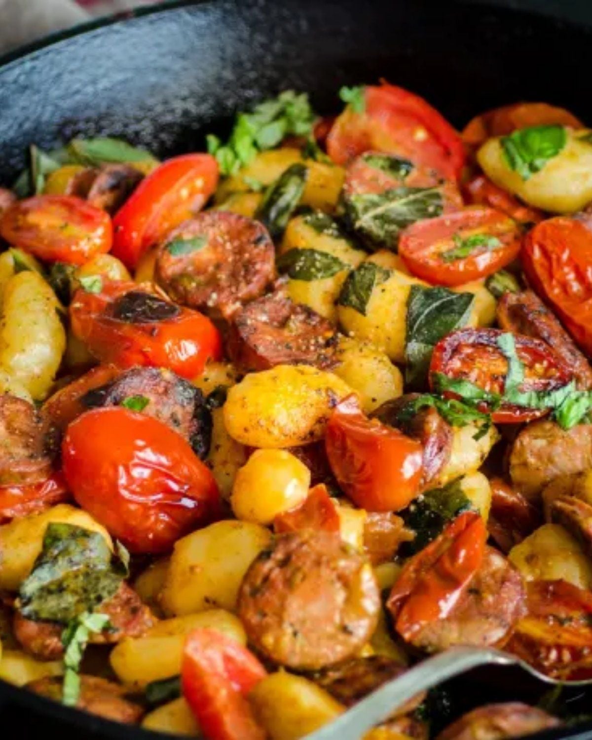 Here are search engine optimized alternative text options for this cozy pan meal image, crafted with completely unique wording:
Primary SEO-Optimized Alt Text:
Pan fried potato dumplings mixed with roasted cherry tomatoes, sliced sausage, and fresh herbs in a skillet.