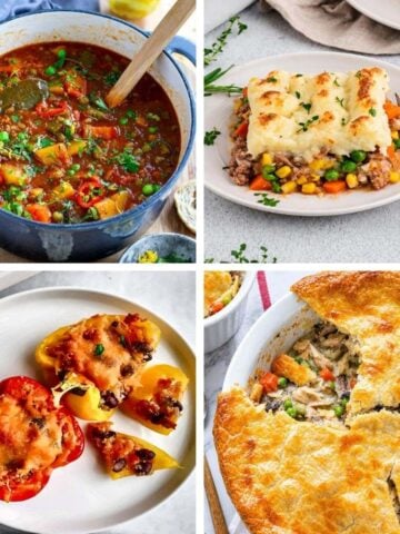 A four panel collage of healthy comfort food dinners featuring vegetable stew, shepherd's pie, stuffed bell peppers, and chicken pot pie.