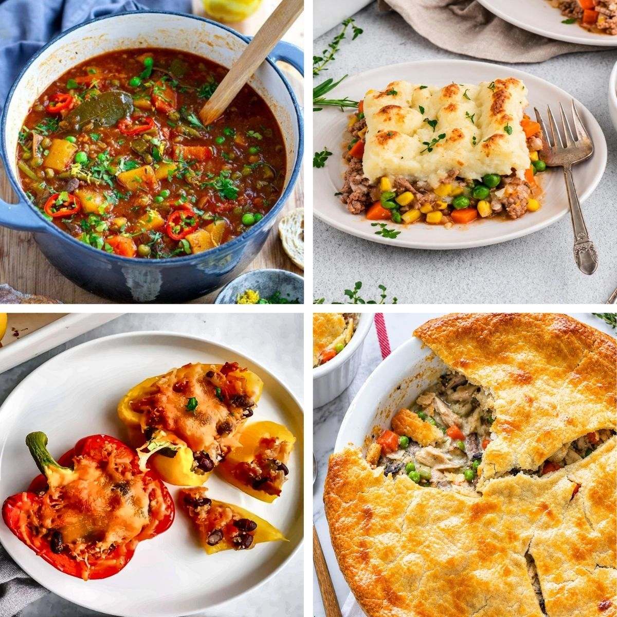 A four panel collage of healthy comfort food dinners featuring vegetable stew, shepherd's pie, stuffed bell peppers, and chicken pot pie.