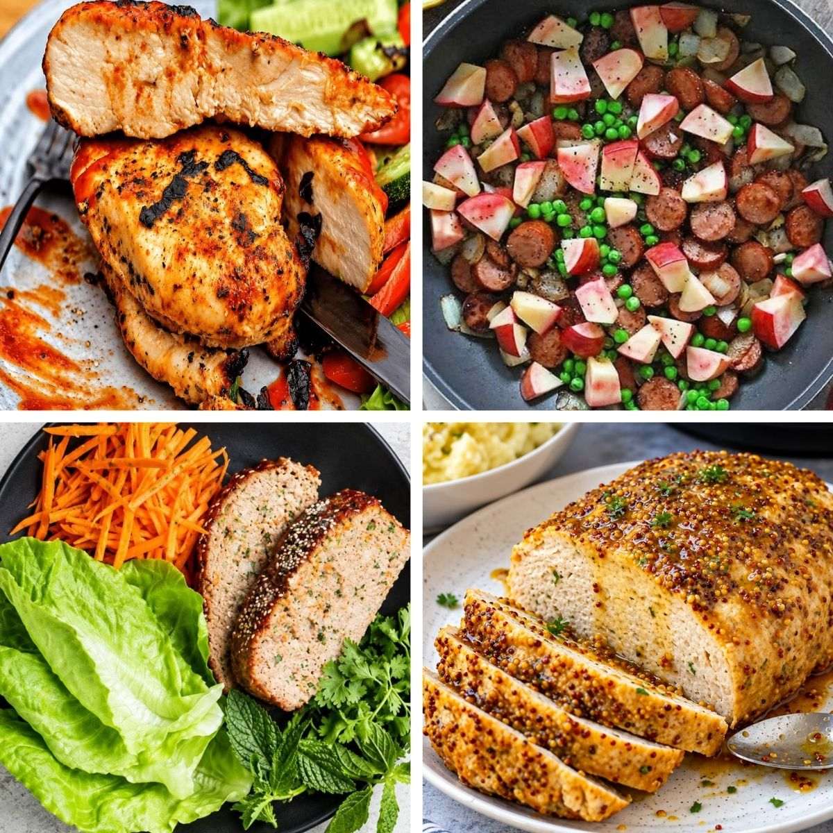 Healthy comfort food with sliced turkey meatloaf, shredded carrots, and fresh lettuce on a black plate.