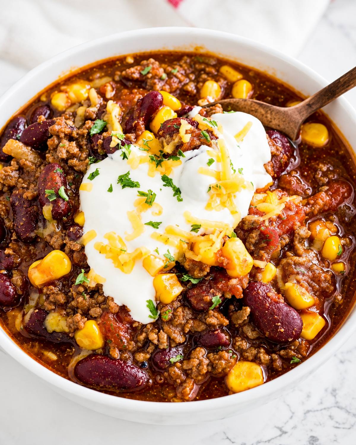 A hearty bowl of beef chili with kidney beans and corn, topped with sour cream and shredded cheese