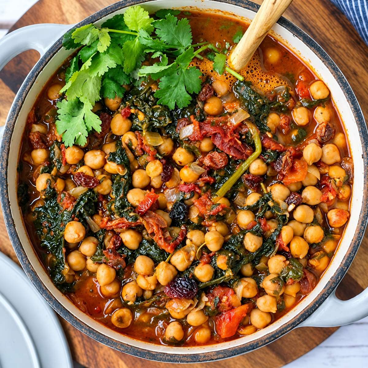 An overhead view of a light-colored pot filled with a rich, hearty Moroccan-style chickpea stew containing dark leafy greens, tomatoes, and raisins, garnished with fresh cilantro and a wooden serving spoon