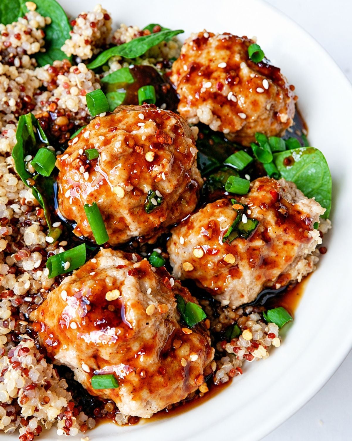 A plate of Asian glazed turkey meatballs served over quinoa with green onions and sesame seeds