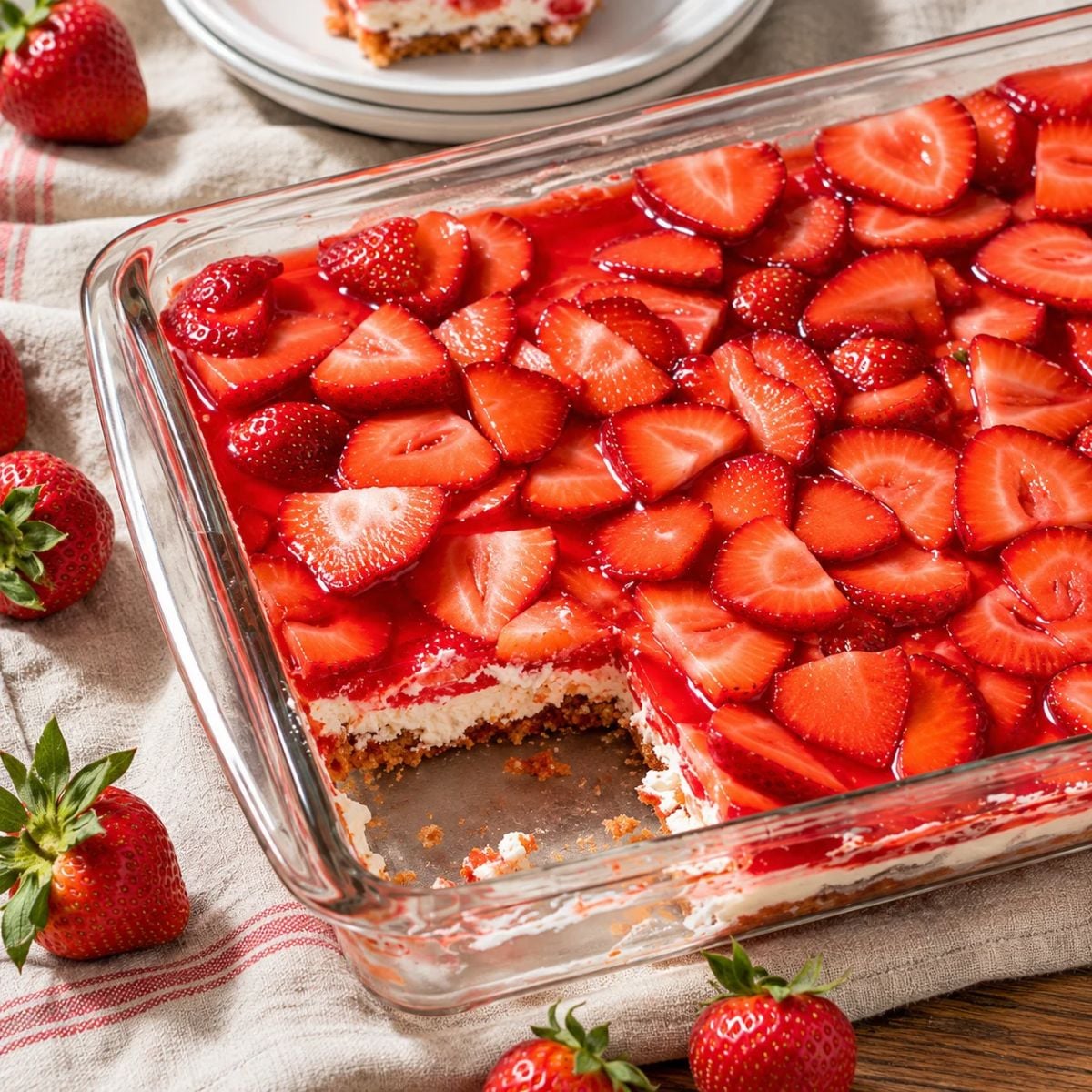 A glass pan of strawberry pretzel salad rests on a table with one uneven square missing.