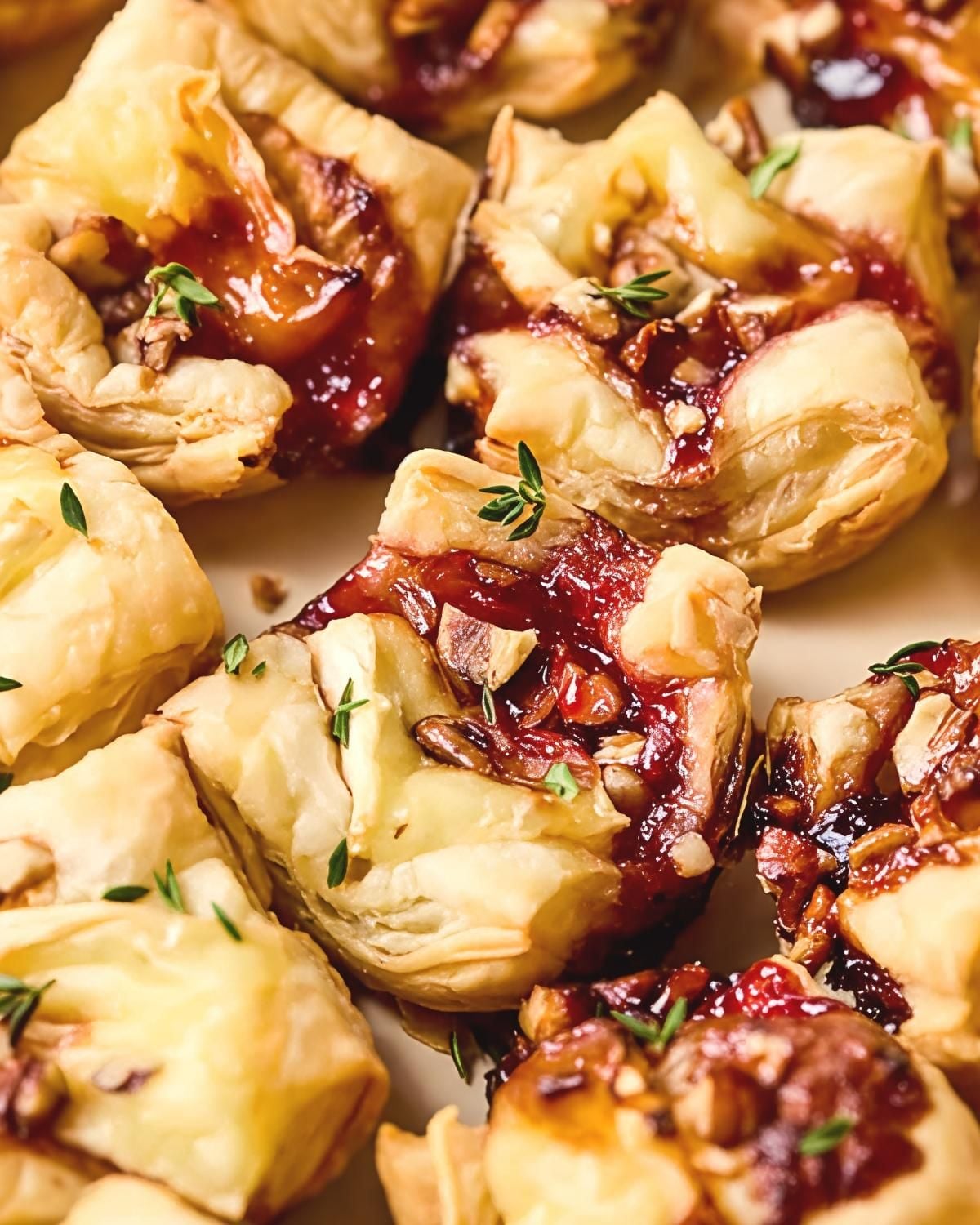 Puff pastry brie bites filled with cranberry and nuts, garnished with fresh thyme.