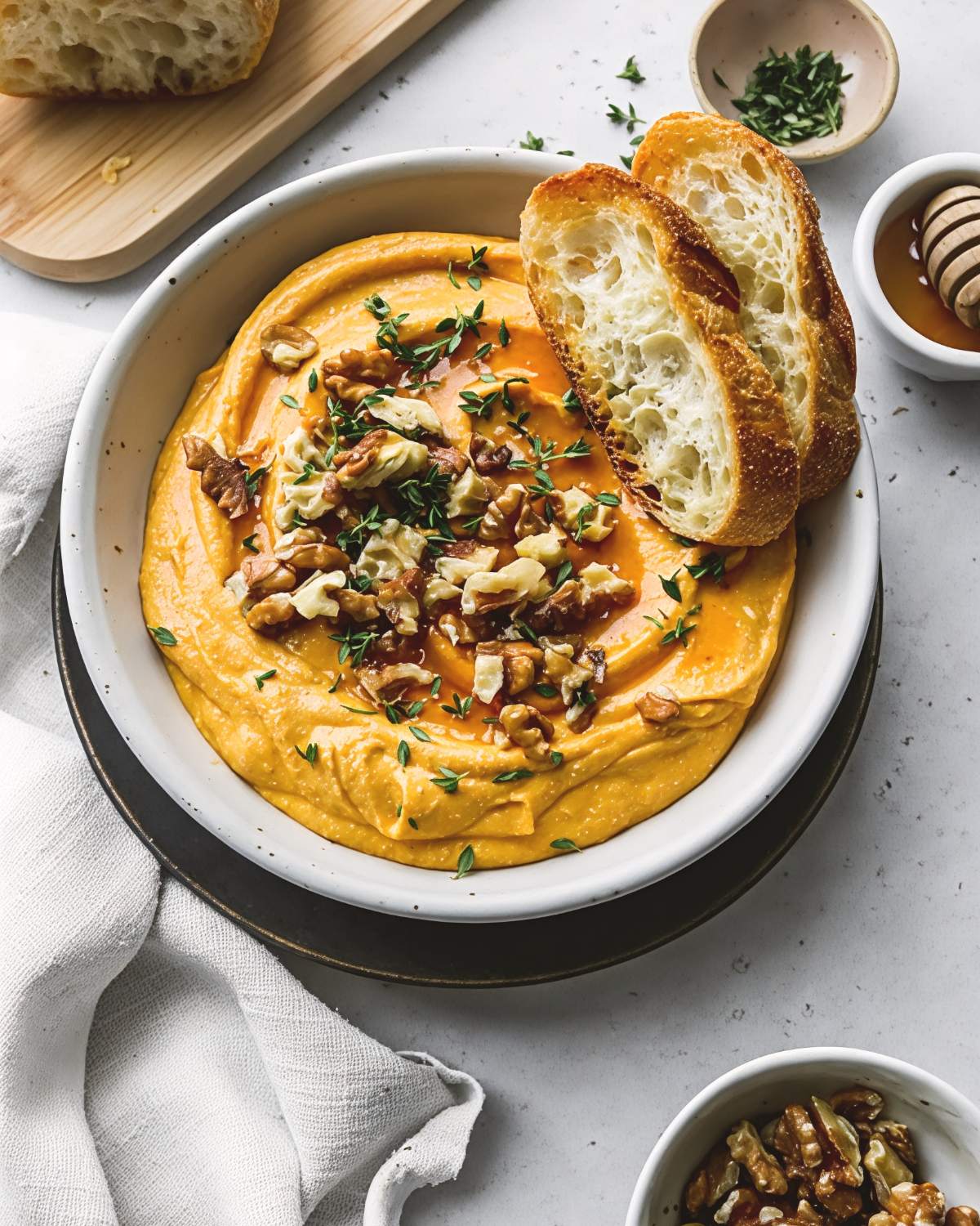 Pumpkin whipped feta fall dip in a white bowl, garnished with chopped walnuts, fresh thyme, and honey, served with crusty sliced bread.