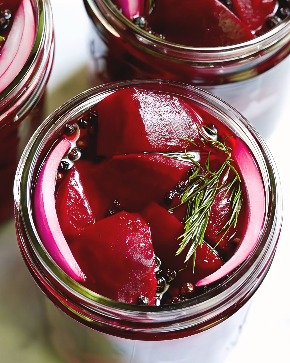 Vibrant refrigerator pickled beets packed with red onion and fresh dill in a glass jar, served as a cold Thanksgiving side dish