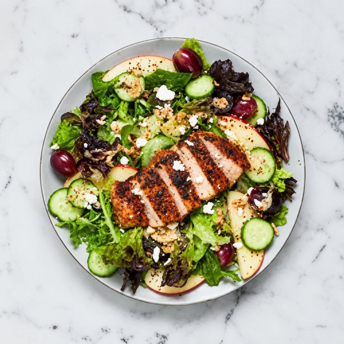 Sliced seasoned protein resting on a bed of greens, apple wedges, cucumbers, and crumbled cheese on a round plate.
