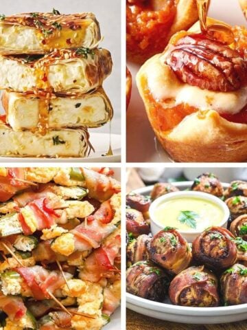 A collage of Thanksgiving appetizers ideas featuring crispy feta pockets, sweet potato crescent bites, bacon jalapeno poppers, and bacon-wrapped potatoes.