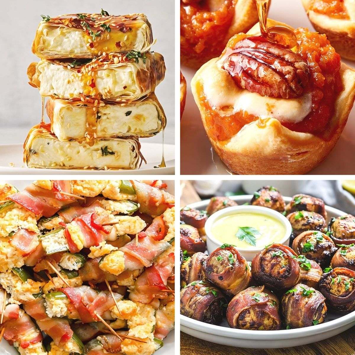 A collage of Thanksgiving appetizers ideas featuring crispy feta pockets, sweet potato crescent bites, bacon jalapeno poppers, and bacon-wrapped potatoes.