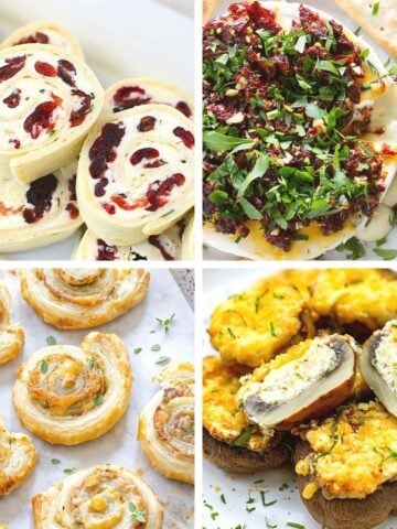A 4-grid collage of make-ahead Thanksgiving appetizers featuring cranberry pinwheels, baked cheese dip, puff pastry pinwheels, and stuffed mushrooms.