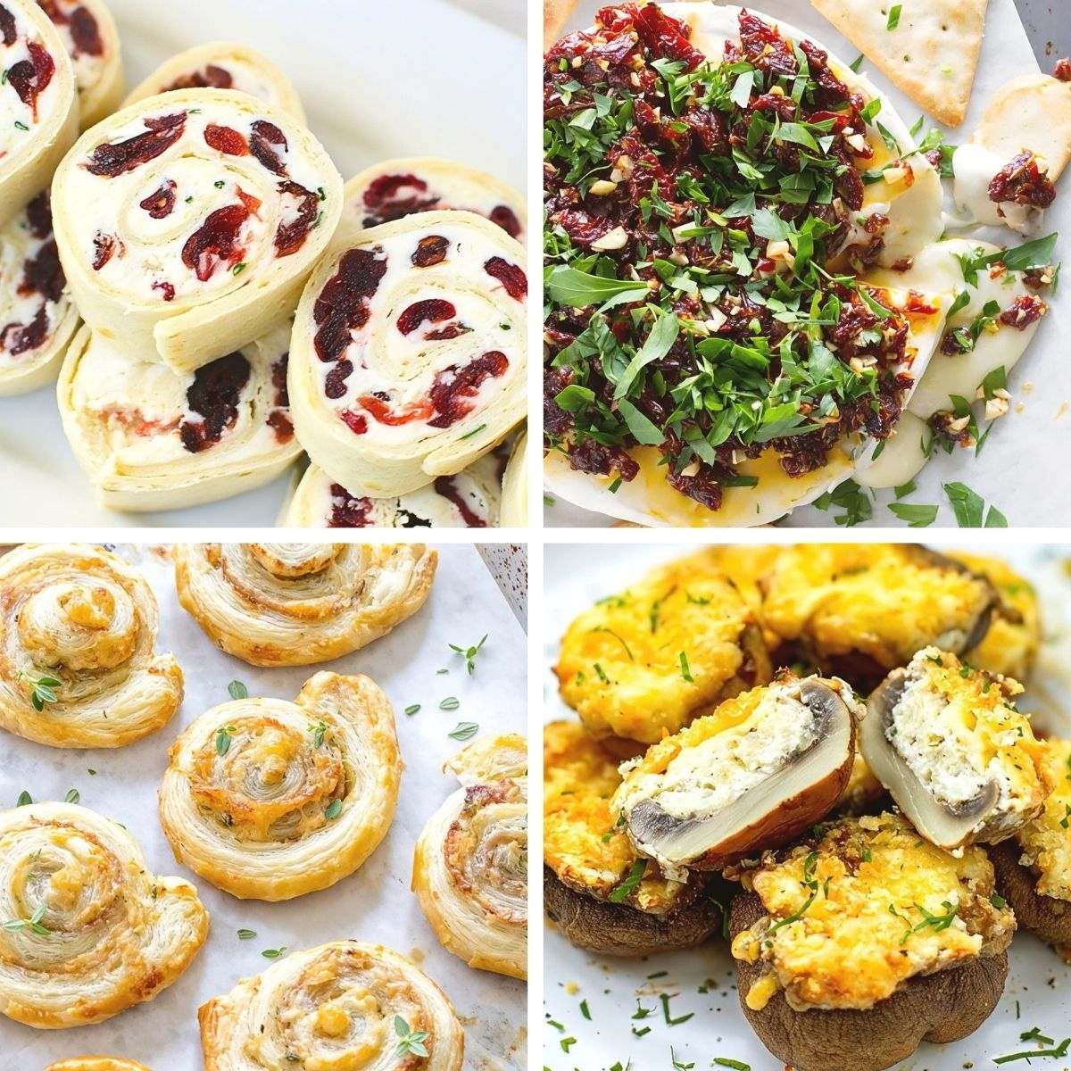 A 4-grid collage of make-ahead Thanksgiving appetizers featuring cranberry pinwheels, baked cheese dip, puff pastry pinwheels, and stuffed mushrooms.