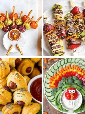 A collage of Thanksgiving appetizers for kids featuring cheese ball turkey, chocolate fruit skewers, crescent dogs, and a vegetable tray.