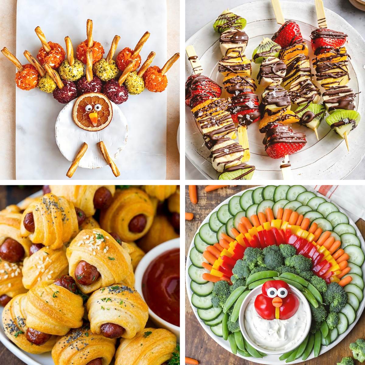A collage of Thanksgiving appetizers for kids featuring cheese ball turkey, chocolate fruit skewers, crescent dogs, and a vegetable tray.