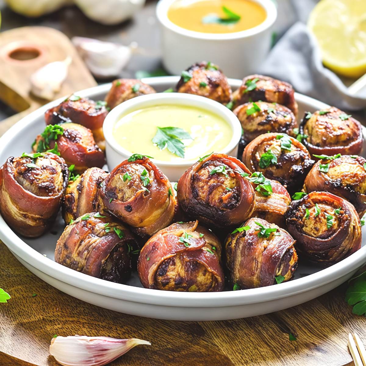 A platter of bacon-wrapped potatoes served with a dipping sauce, perfect for Thanksgiving appetizers