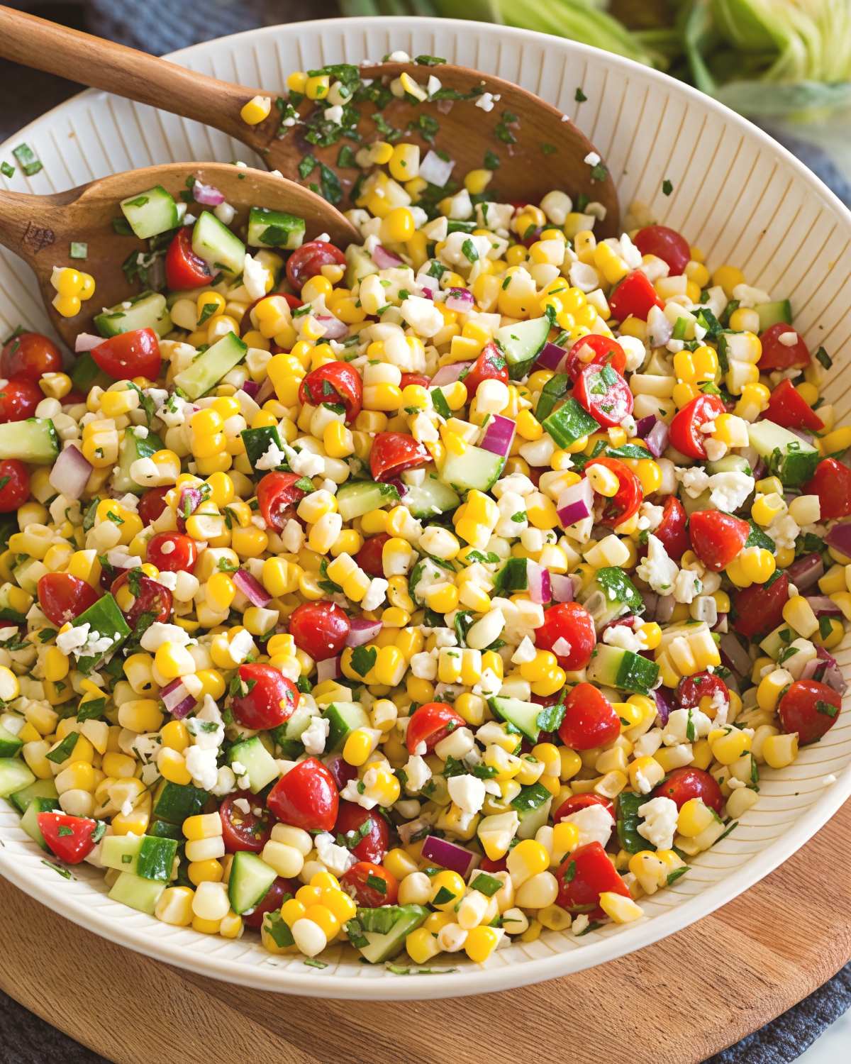 Colorful corn salad with cherry tomatoes, cucumbers, and cheese in a large bowl, served as a cold Thanksgiving side dish