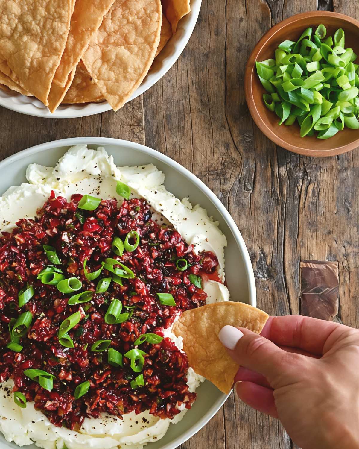 Cranberry fall dip layered with cream cheese and topped with green onions, served with tortilla chips.