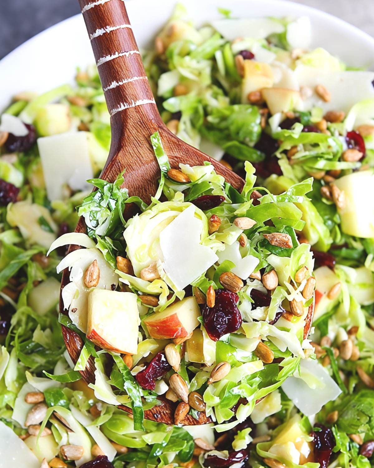 Shredded Brussels sprouts salad with cranberries, apples, sunflower seeds, and cheese being scooped up with a wooden spoon.