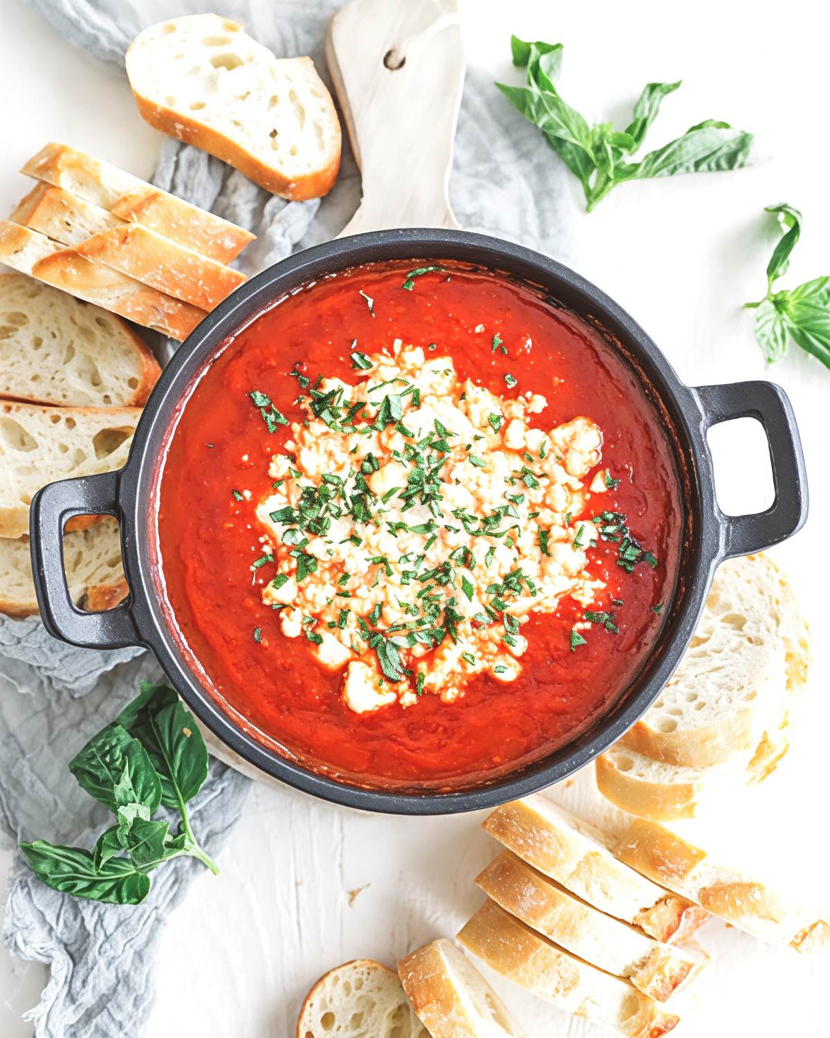 Baked goat cheese fall dip in a skillet with marinara sauce, topped with fresh herbs and served with sliced bread