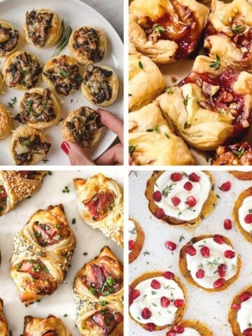 Finger food appetizer collage showing savory pastry bites, brie bites, and festive seasonal snacks