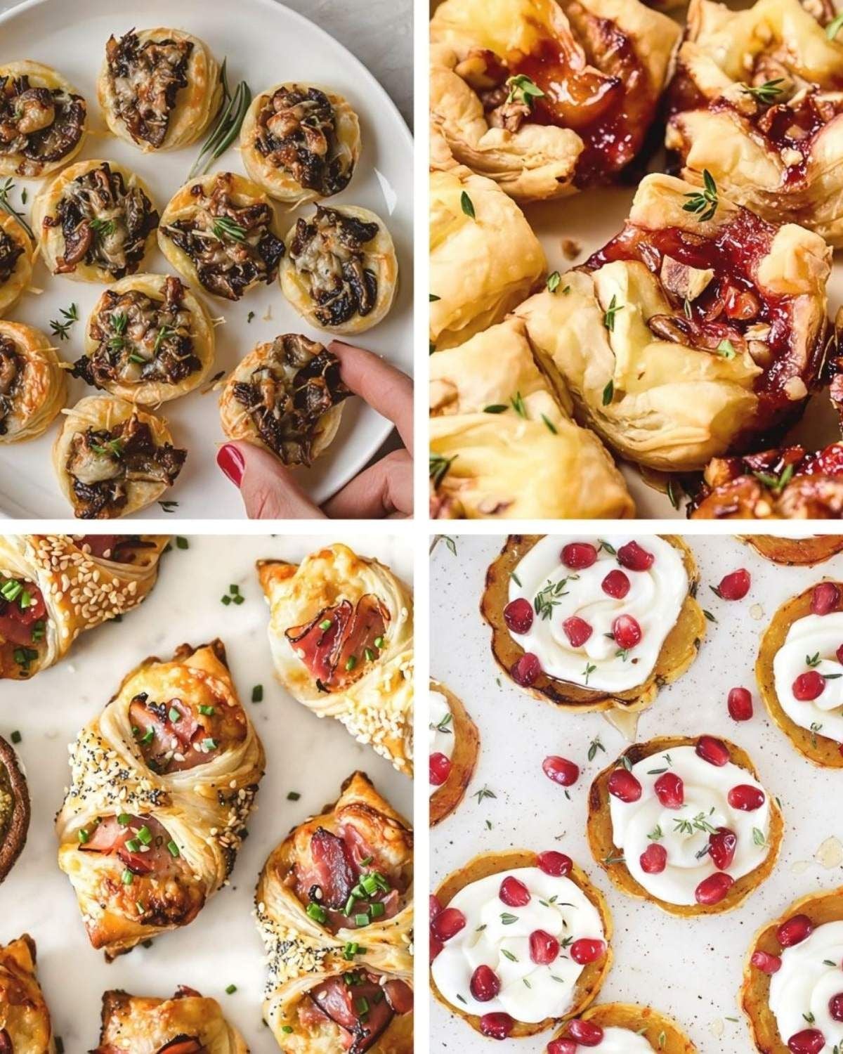 Finger food appetizer collage showing savory pastry bites, brie bites, and festive seasonal snacks