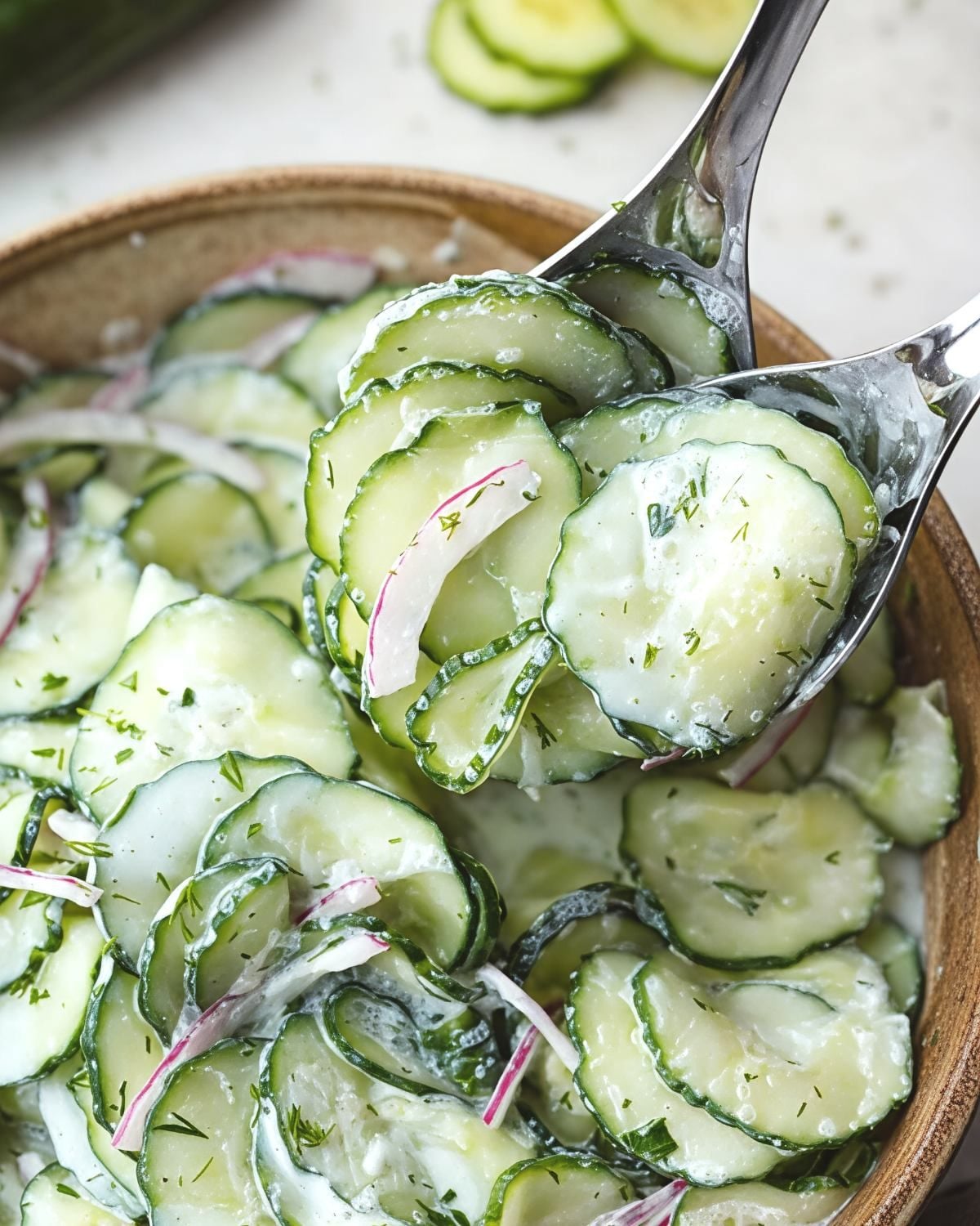 Creamy German cucumber salad with onions and dill being lifted on a spoon, served as a cold Thanksgiving side dish