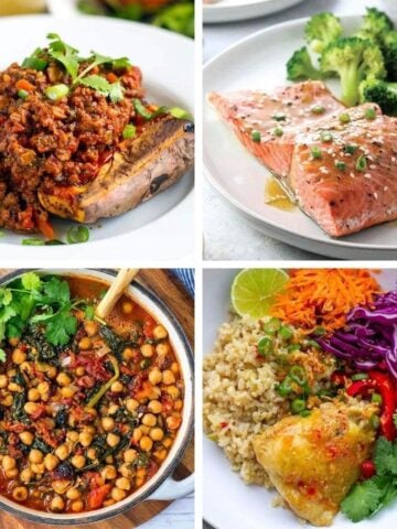 A four-panel collage showing healthy dinner recipes, including loaded roasted sweet potatoes, glazed salmon with broccoli, Moroccan chickpea stew, and a chicken and brown rice bowl with colorful vegetables.