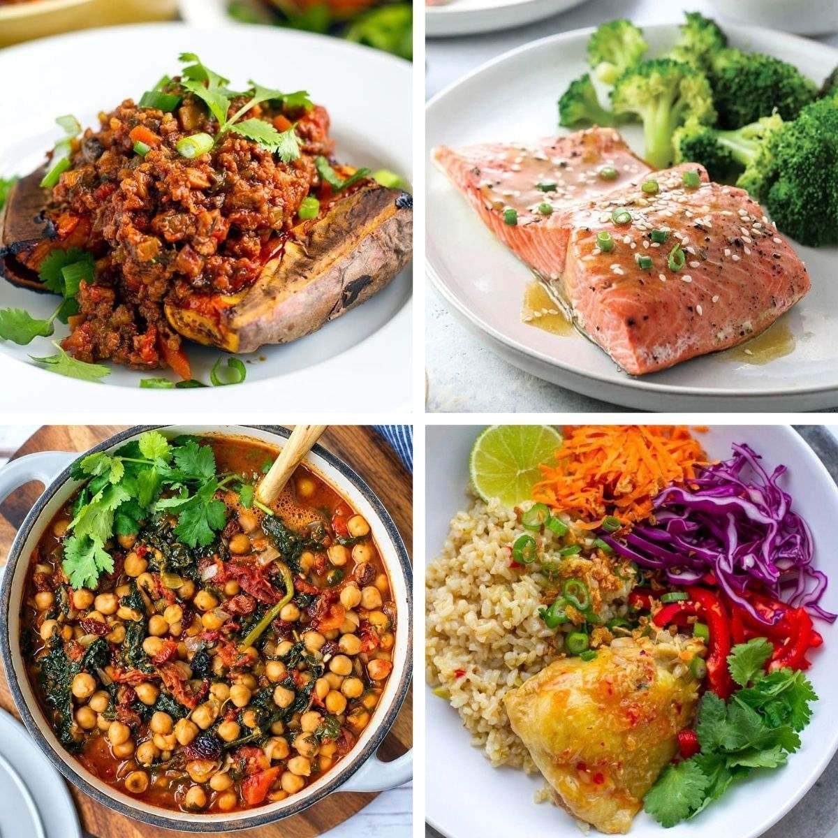 A four-panel collage showing healthy dinner recipes, including loaded roasted sweet potatoes, glazed salmon with broccoli, Moroccan chickpea stew, and a chicken and brown rice bowl with colorful vegetables.