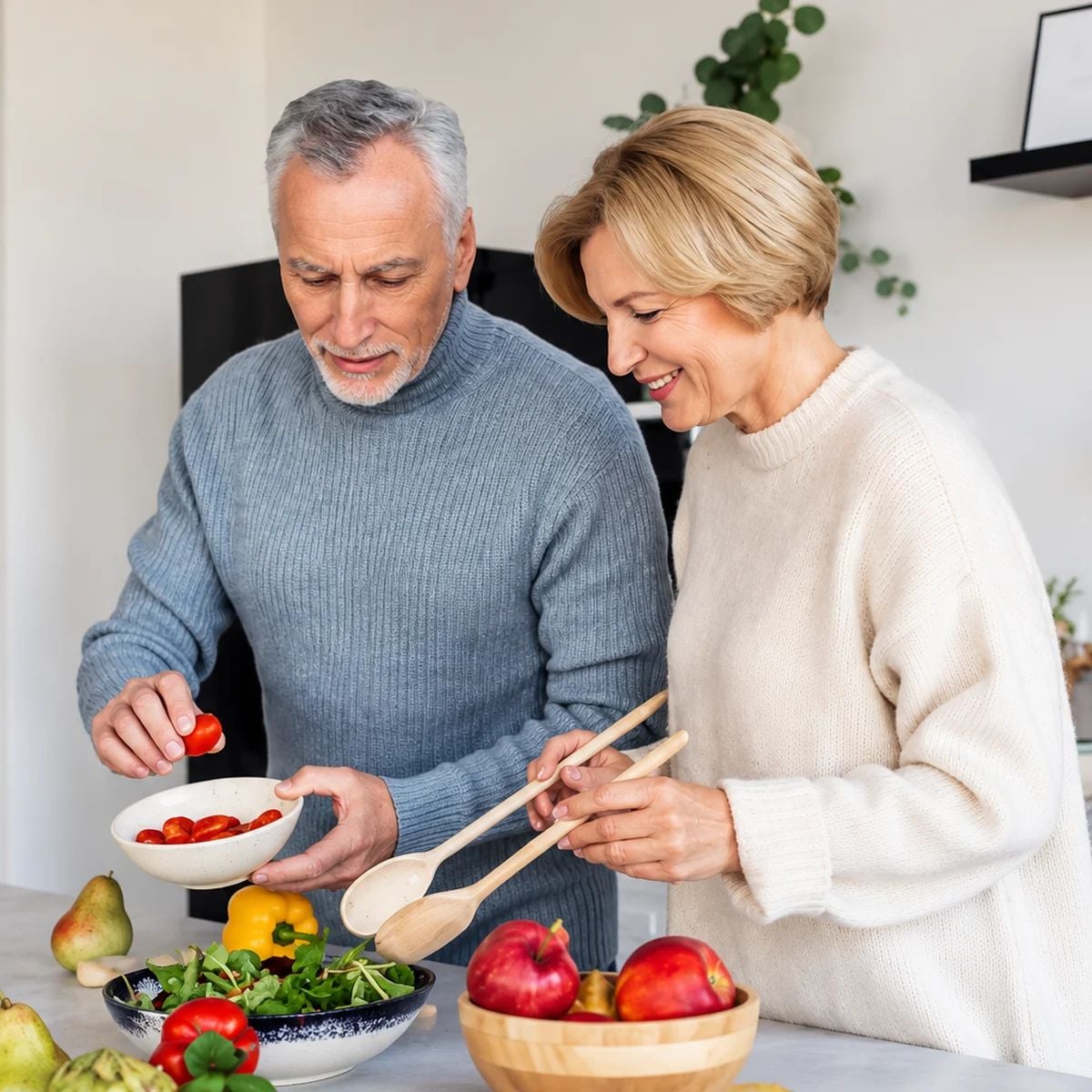 husband cooking retirement kitchen lessons - a retired couple standing in the kitchen cooking together 