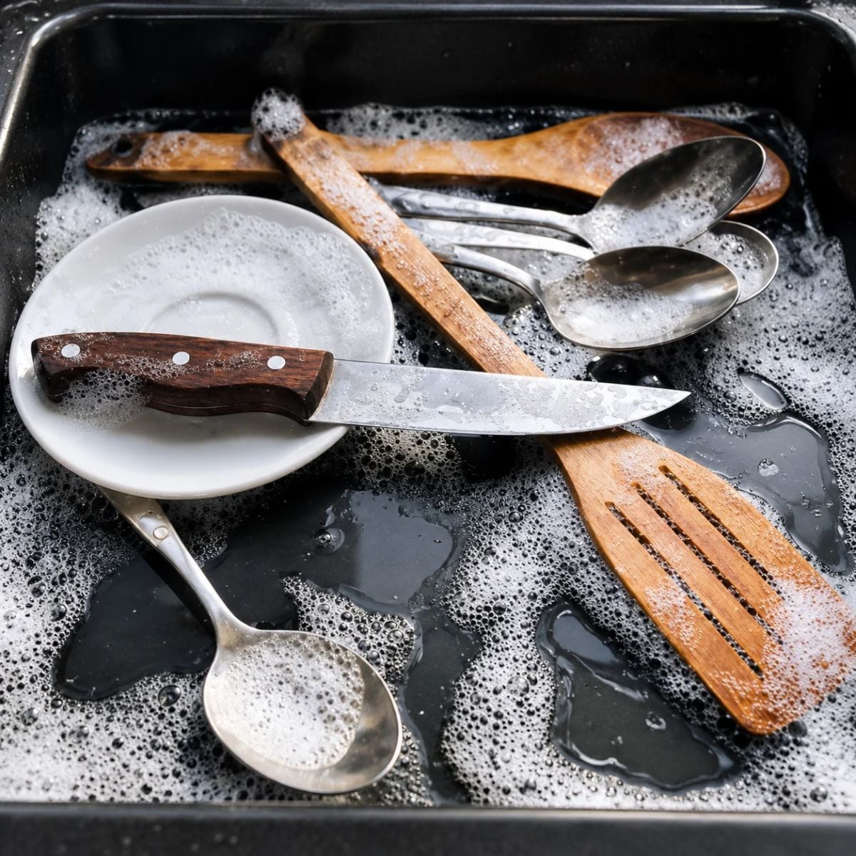 knife in the sink alongside other kitchen utensils