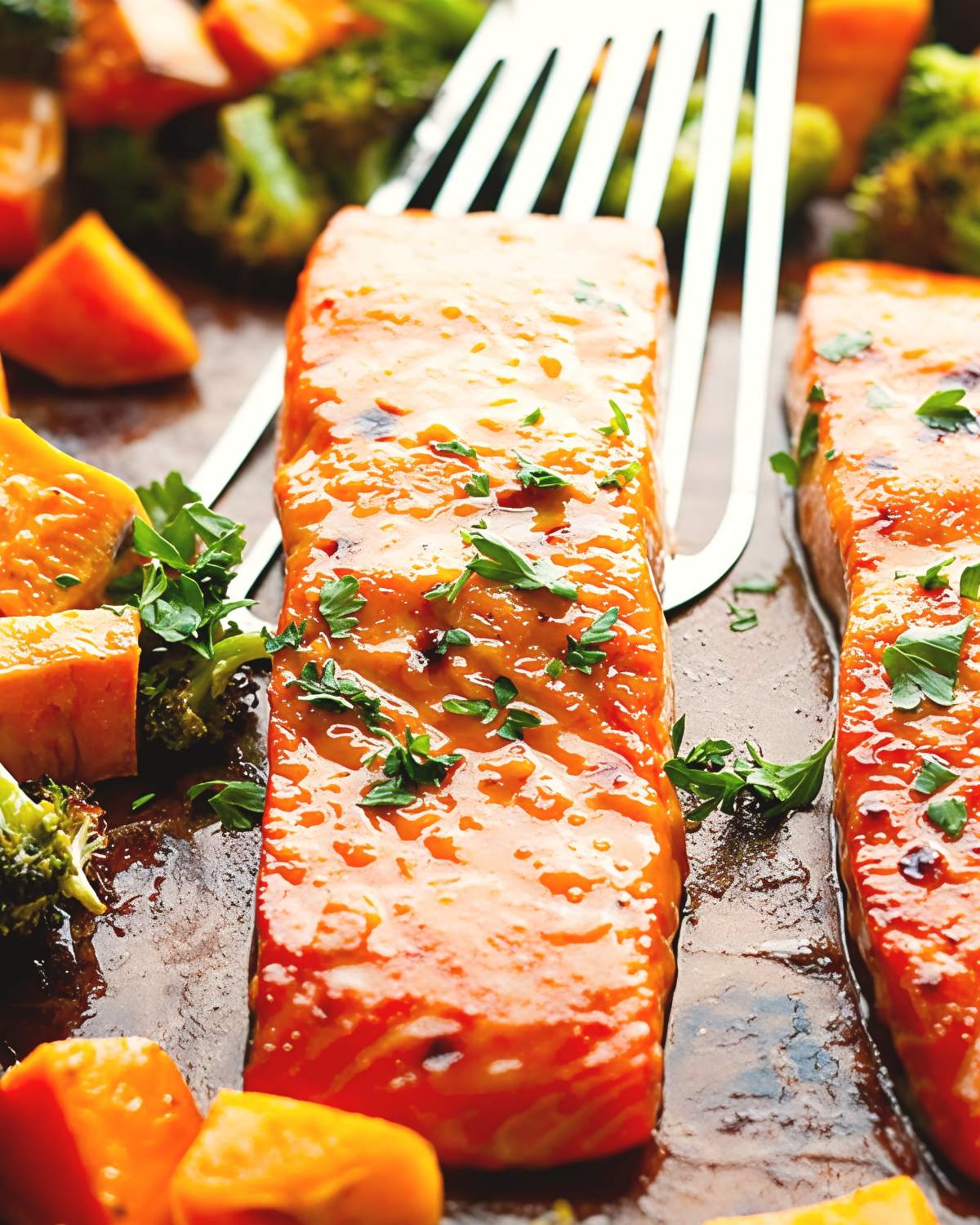 A glossy maple glazed salmon fillet on a sheet pan with roasted vegetables, garnished with herbs for an easy fall dinner.