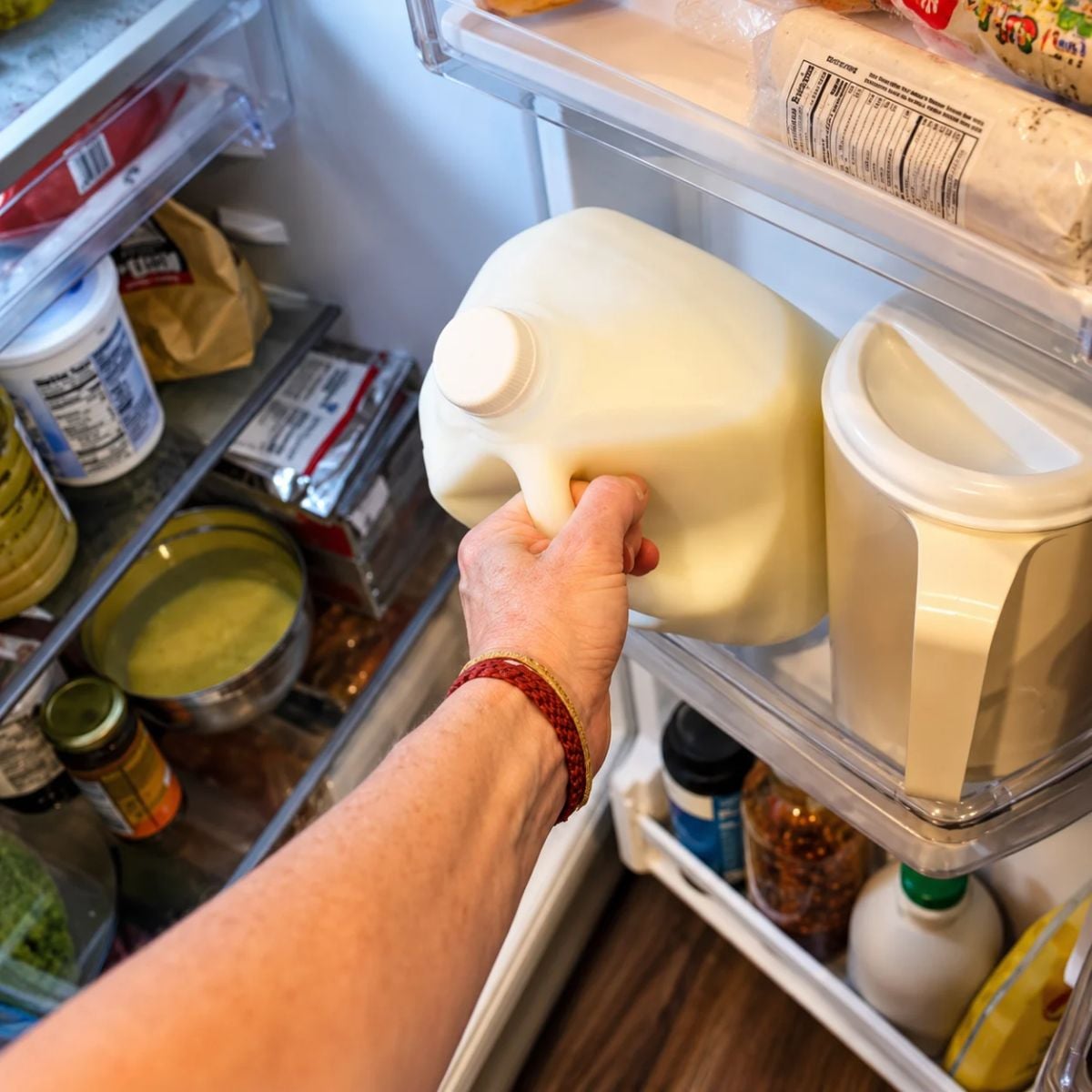 milk carton being placed in the fridge door alongside a white jug