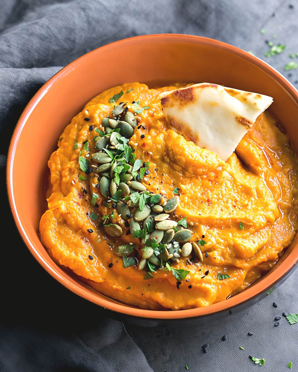 Spicy sweet potato fall dip in an orange bowl, garnished with pumpkin seeds and herbs, served with pita bread.