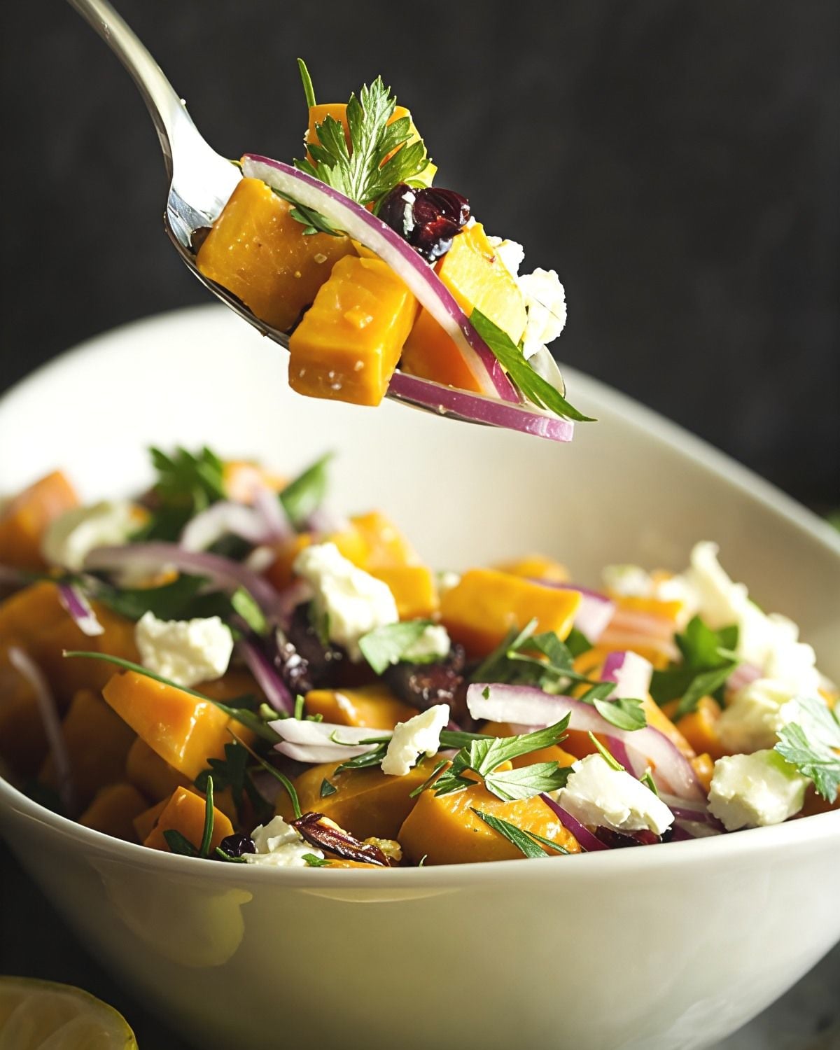 Sweet potato salad with red onion, cheese, and herbs being lifted on a fork, served as a cold Thanksgiving side dish