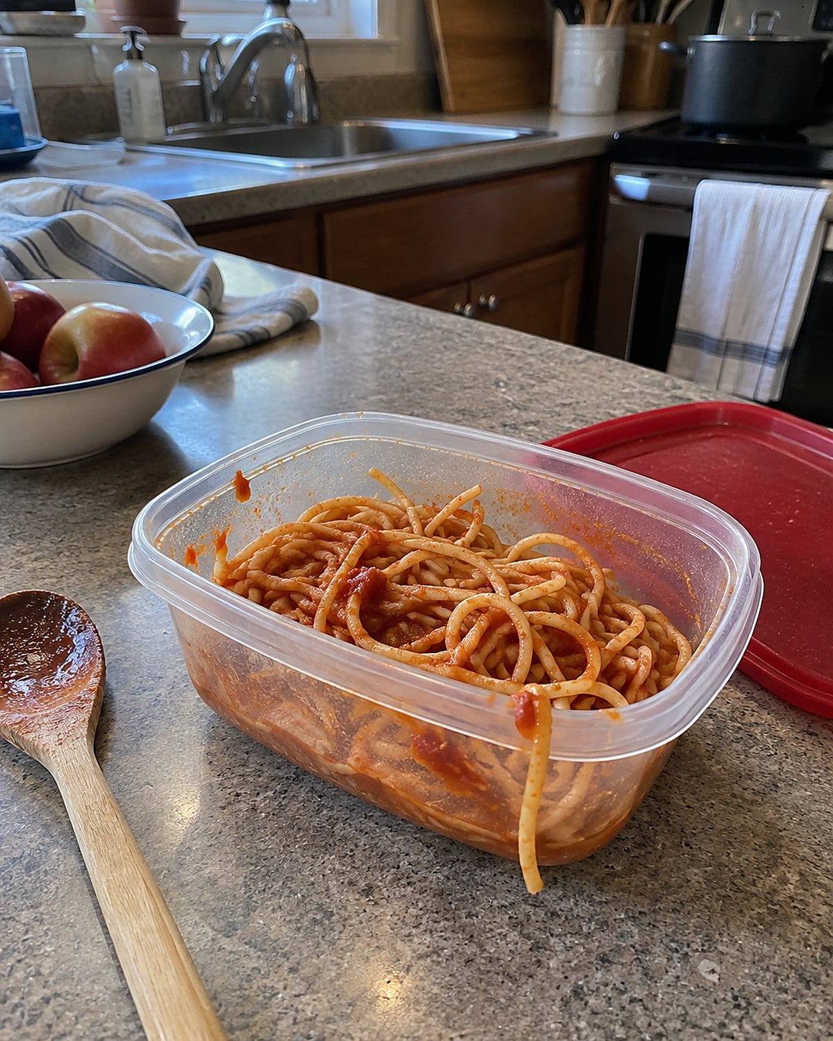 Cold spaghetti in a shallow plastic container beside a microwave-safe lid on the counter.