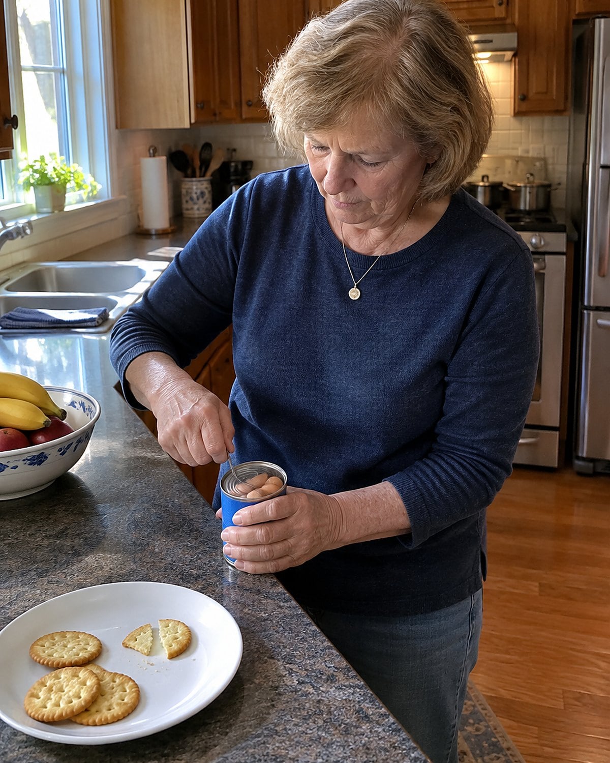 Hands turning the little key on a Vienna sausage can over a kitchen counter.