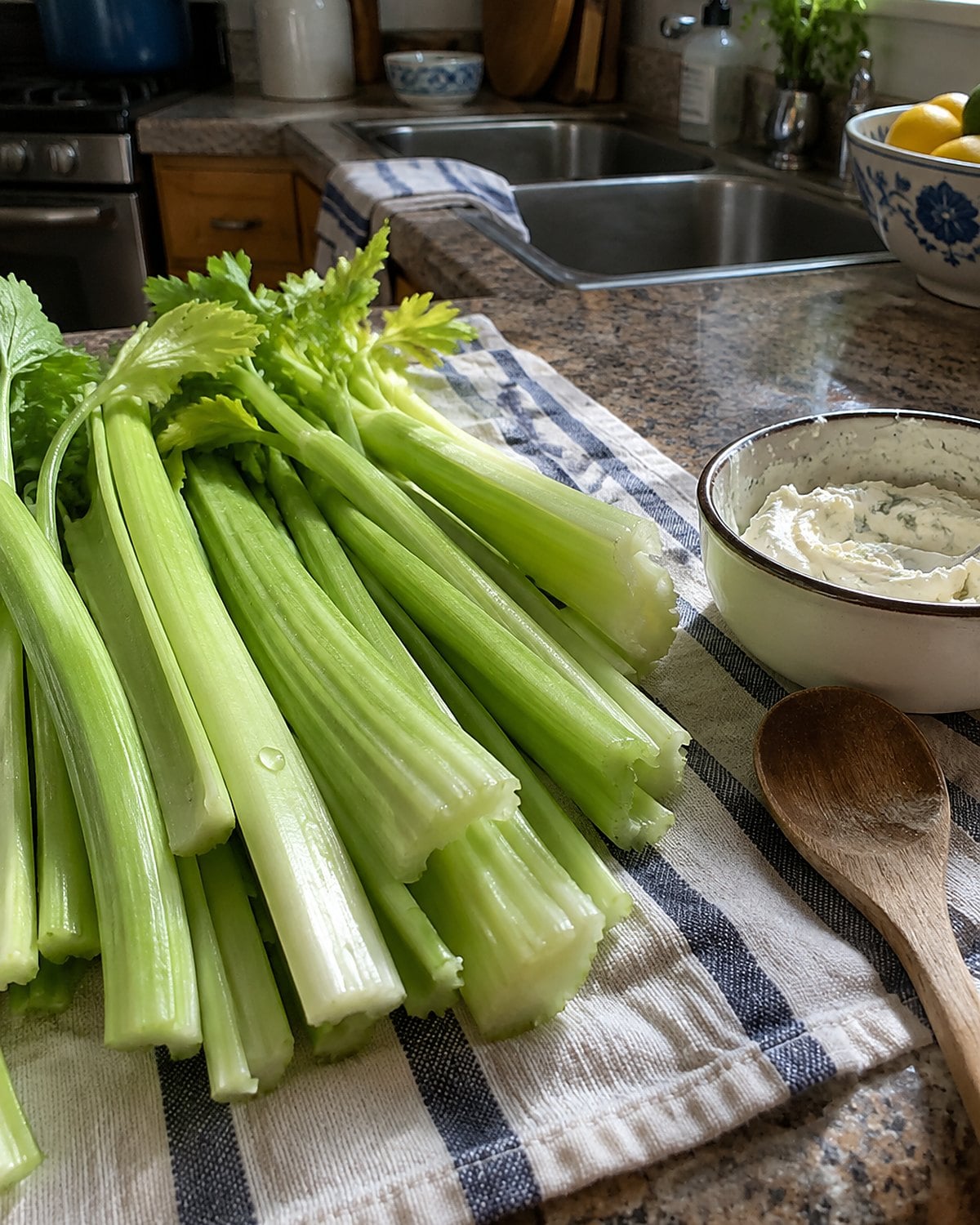 Washed celery ribs drying on a dish towel beside a small container of cheese spread.