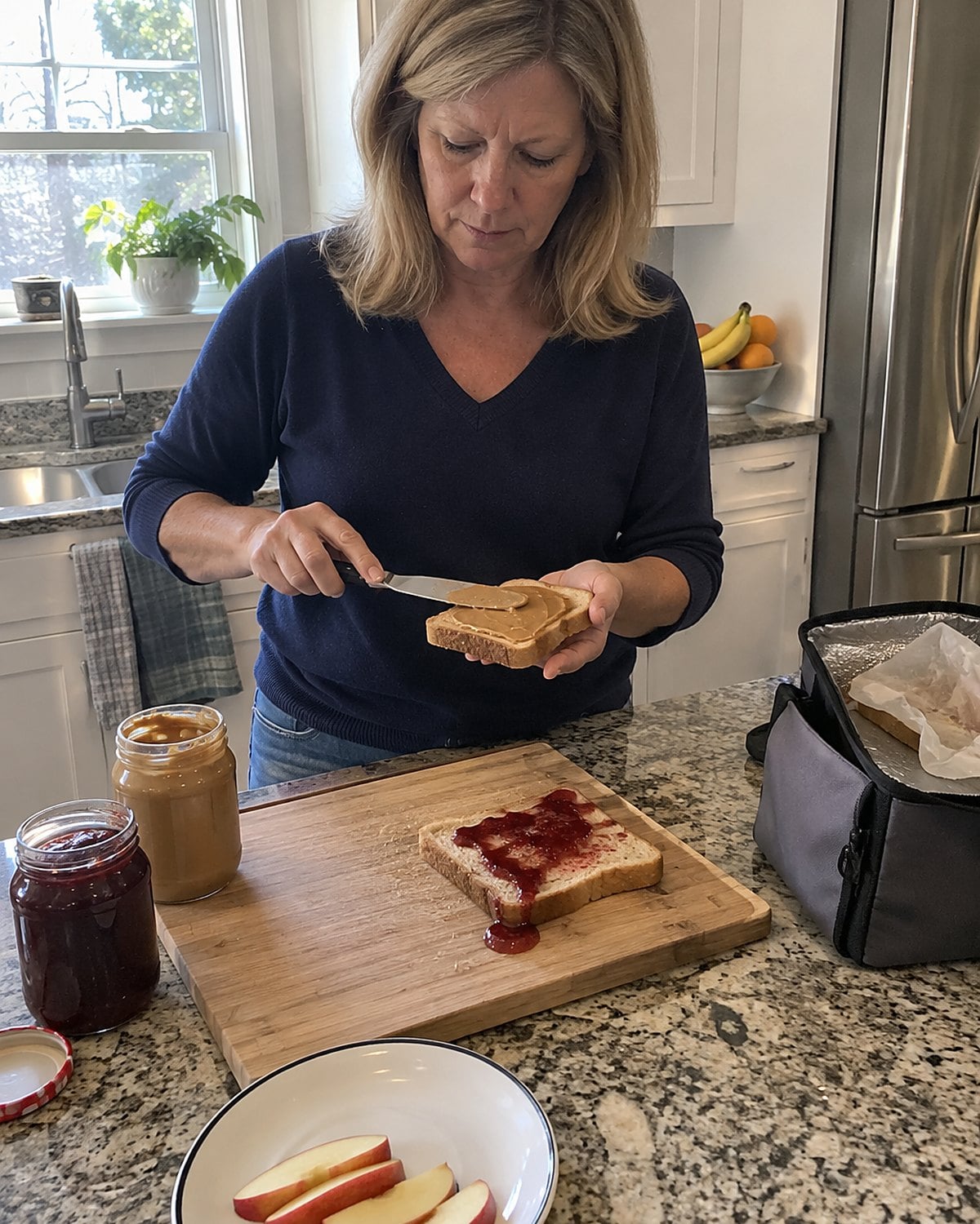 Hands spreading peanut butter and jelly on bread at a kitchen counter, with the lunch bag still open.