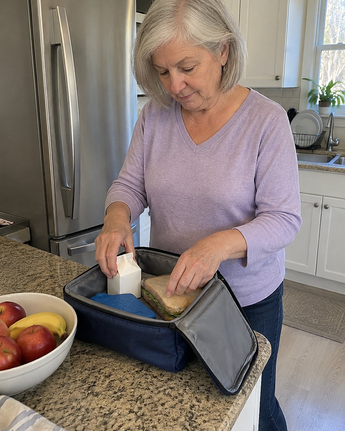 A hand setting a small milk carton beside an ice pack inside an open lunch bag by the fridge.