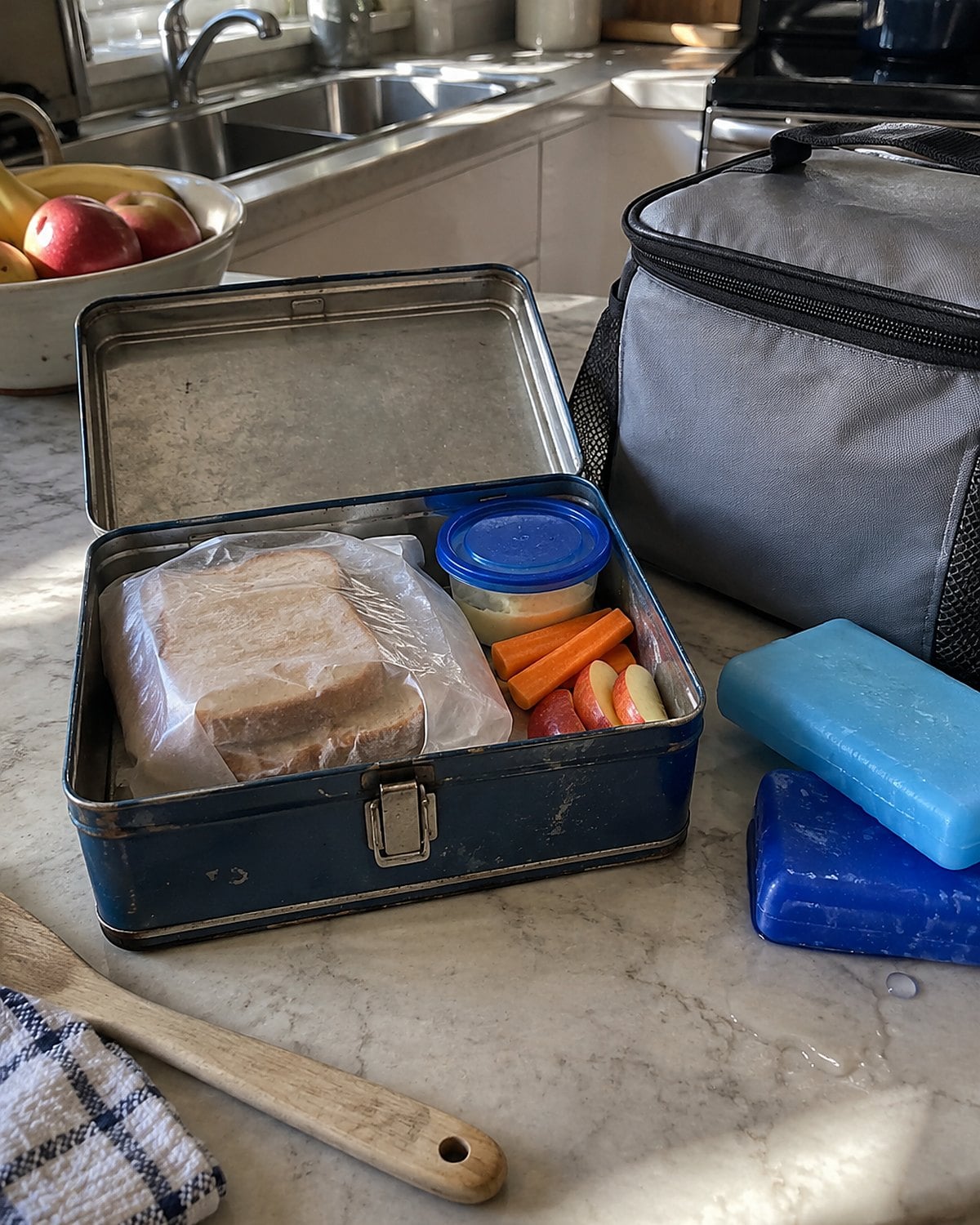 An old metal lunchbox holding a wrapped sandwich beside a modern insulated bag and frozen cold sources on the counter.