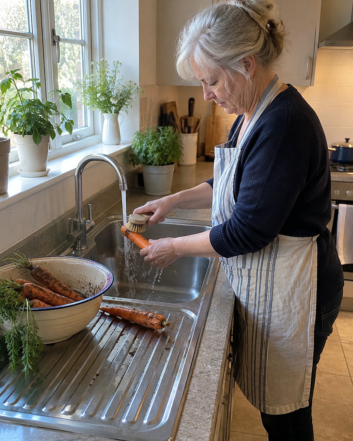Soil-marked carrots under running water as hands scrub them with a vegetable brush.