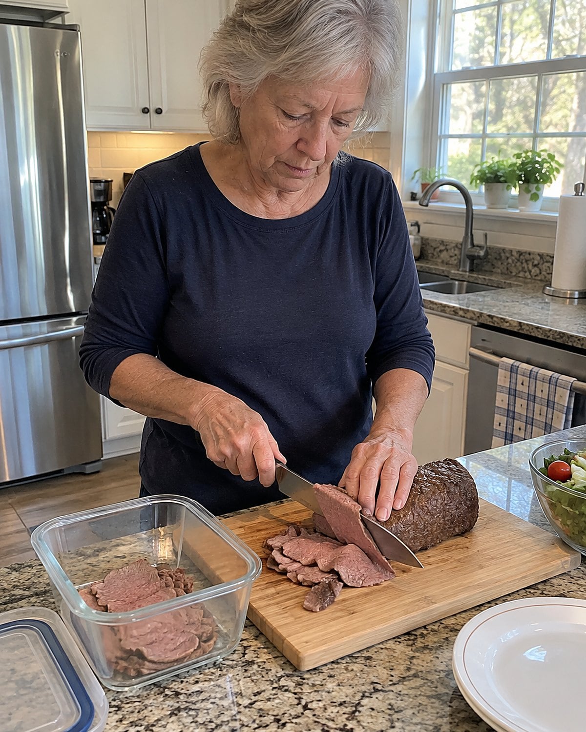 Hands slicing leftover roast beef thinly on a board beside a refrigerator container.