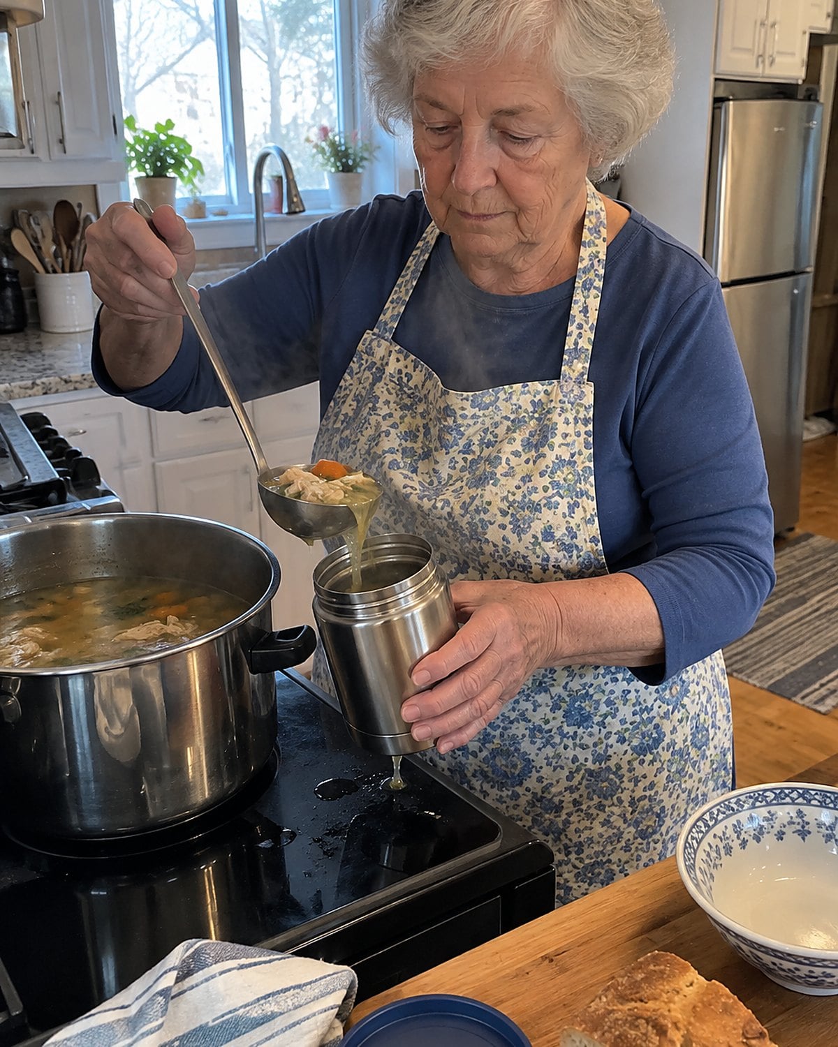 A steel food jar being filled with steaming chicken soup from a ladle at the stove.