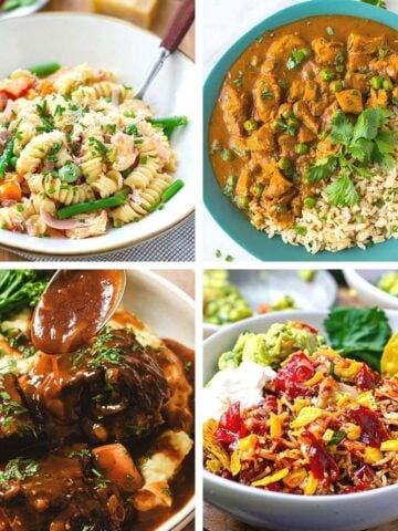 A collage of various Instant Pot meals including chicken pasta, chicken curry, short ribs, and nacho casserole, showcasing the best dinner ideas