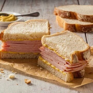 A bologna sandwich on soft white bread partly unwrapped on a kitchen counter, with a damp mark on the bread.
